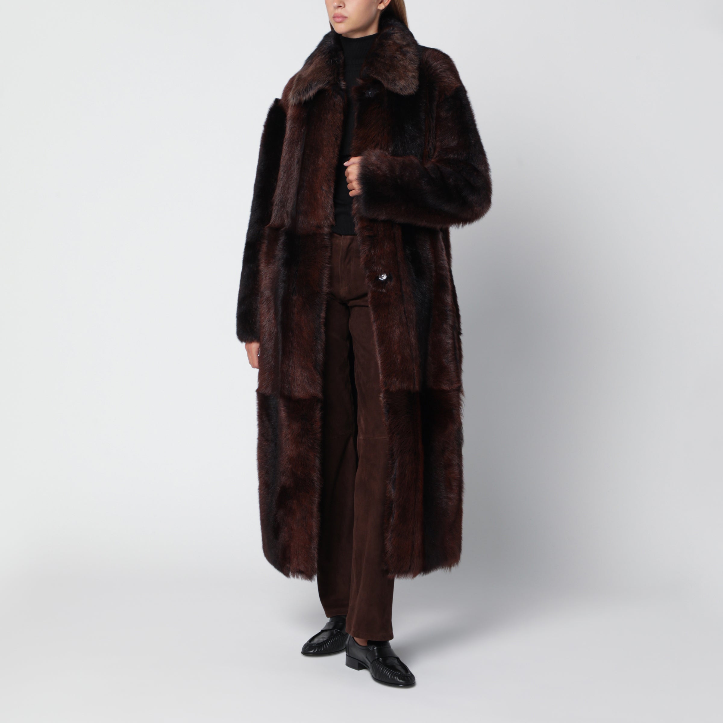 Arma Verena Long Coat In Shearling Leather, Brown