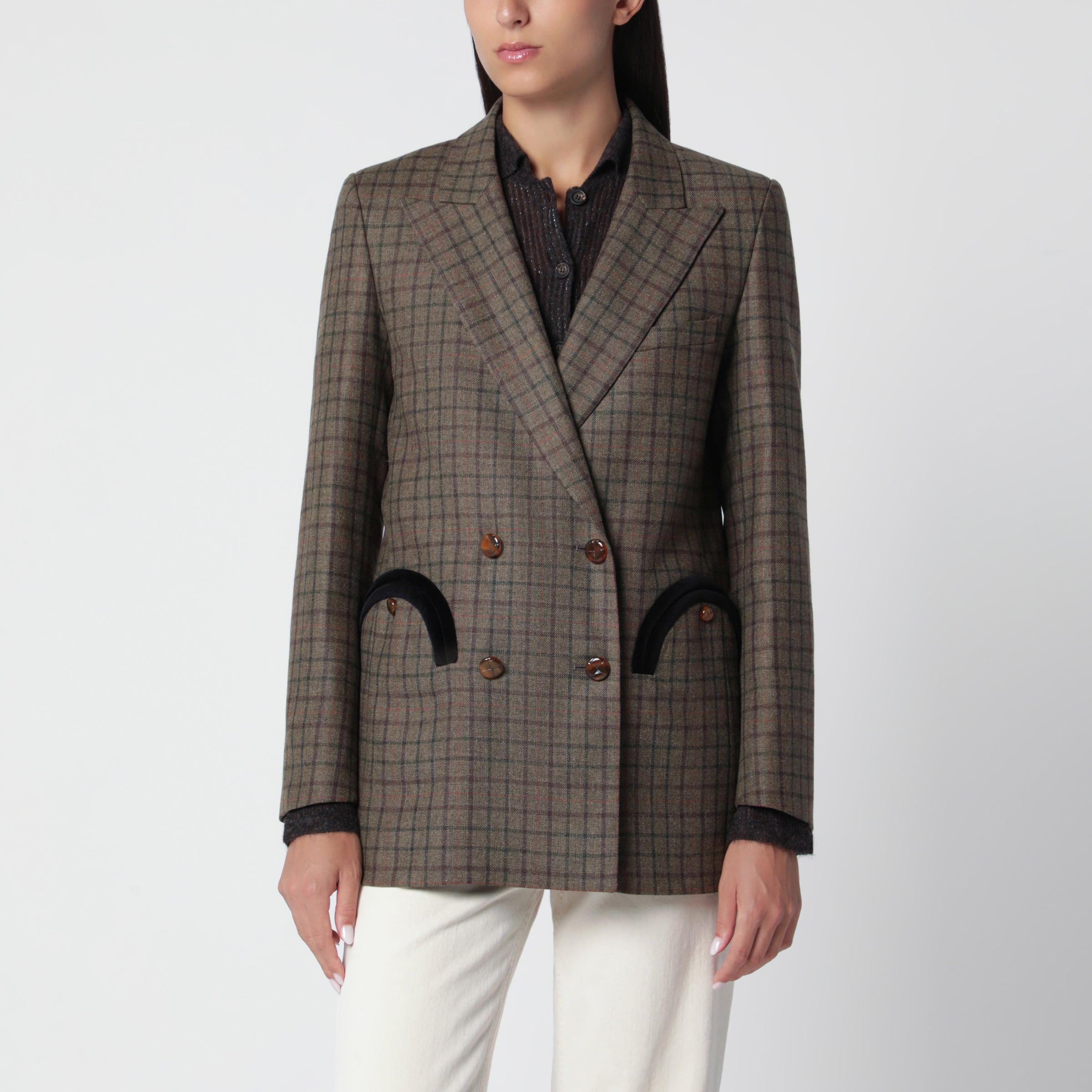 Blazé Milano Double-breasted Jacket With Check Pattern In Wool And Cashmere In Green