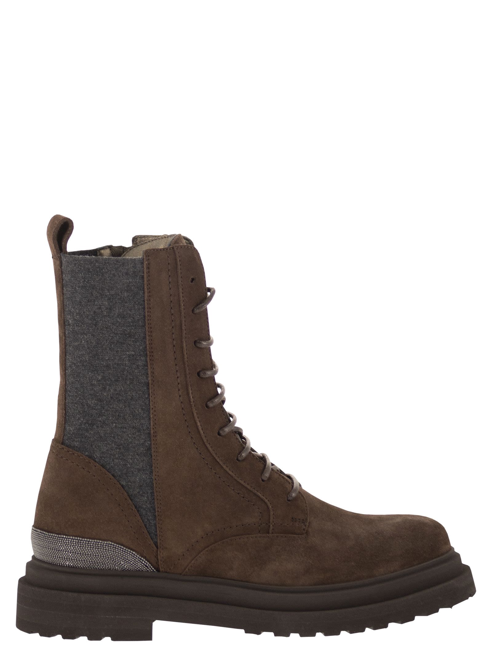 Suede Combat Boots With Cashmere Panels And Monili Trim