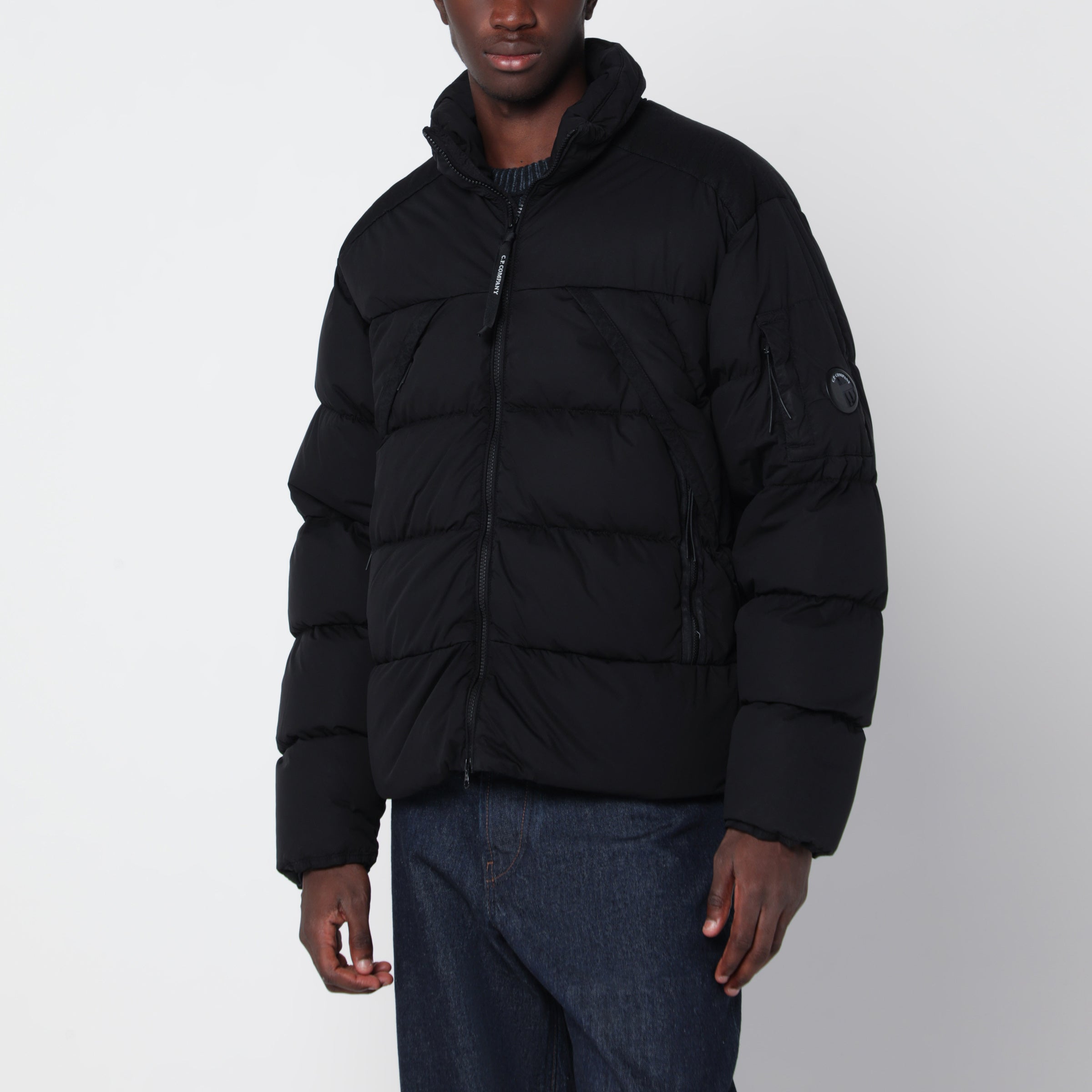 Black Nylon Zip-Up Down Jacket