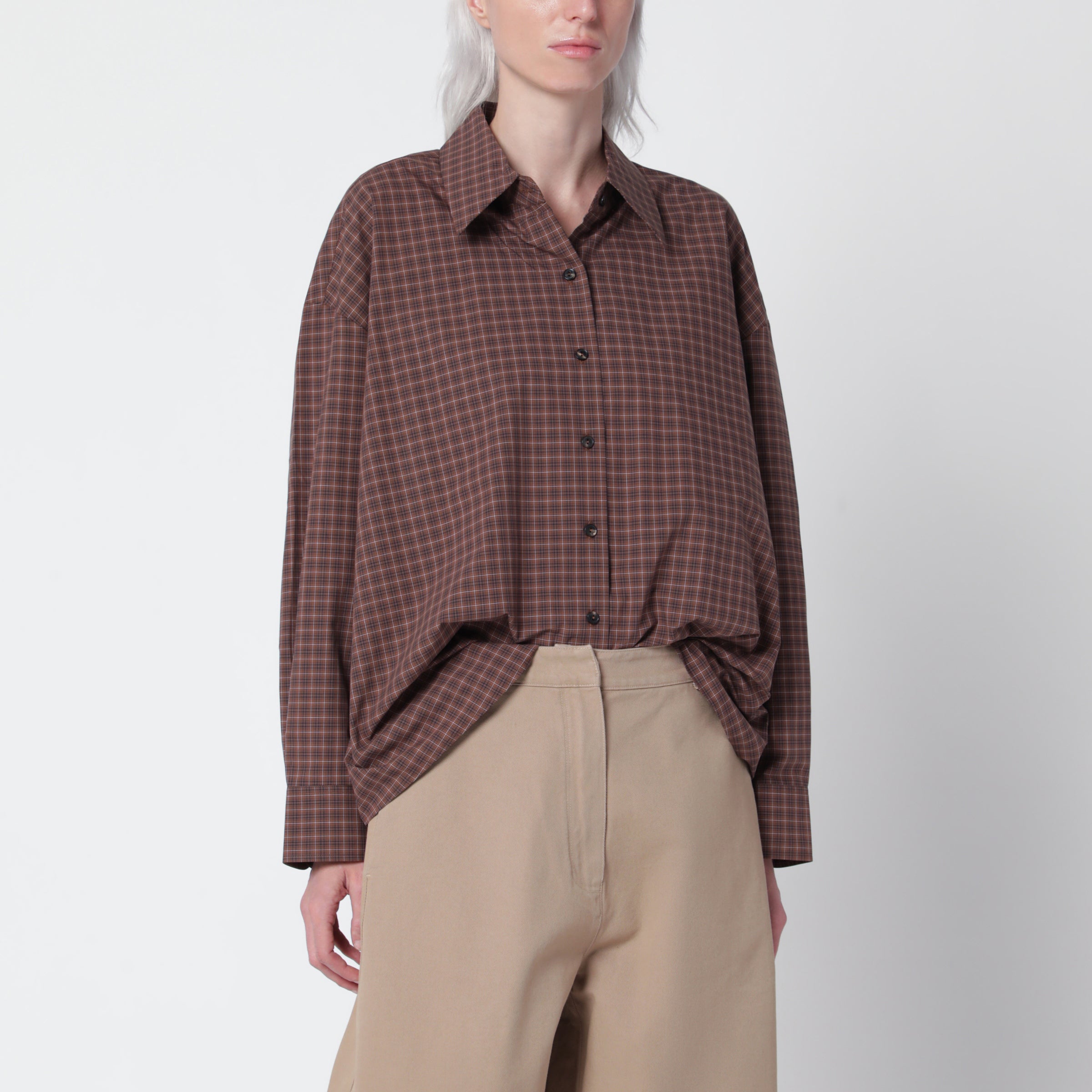 Brown/Navy Blue Checked Oversized Shirt