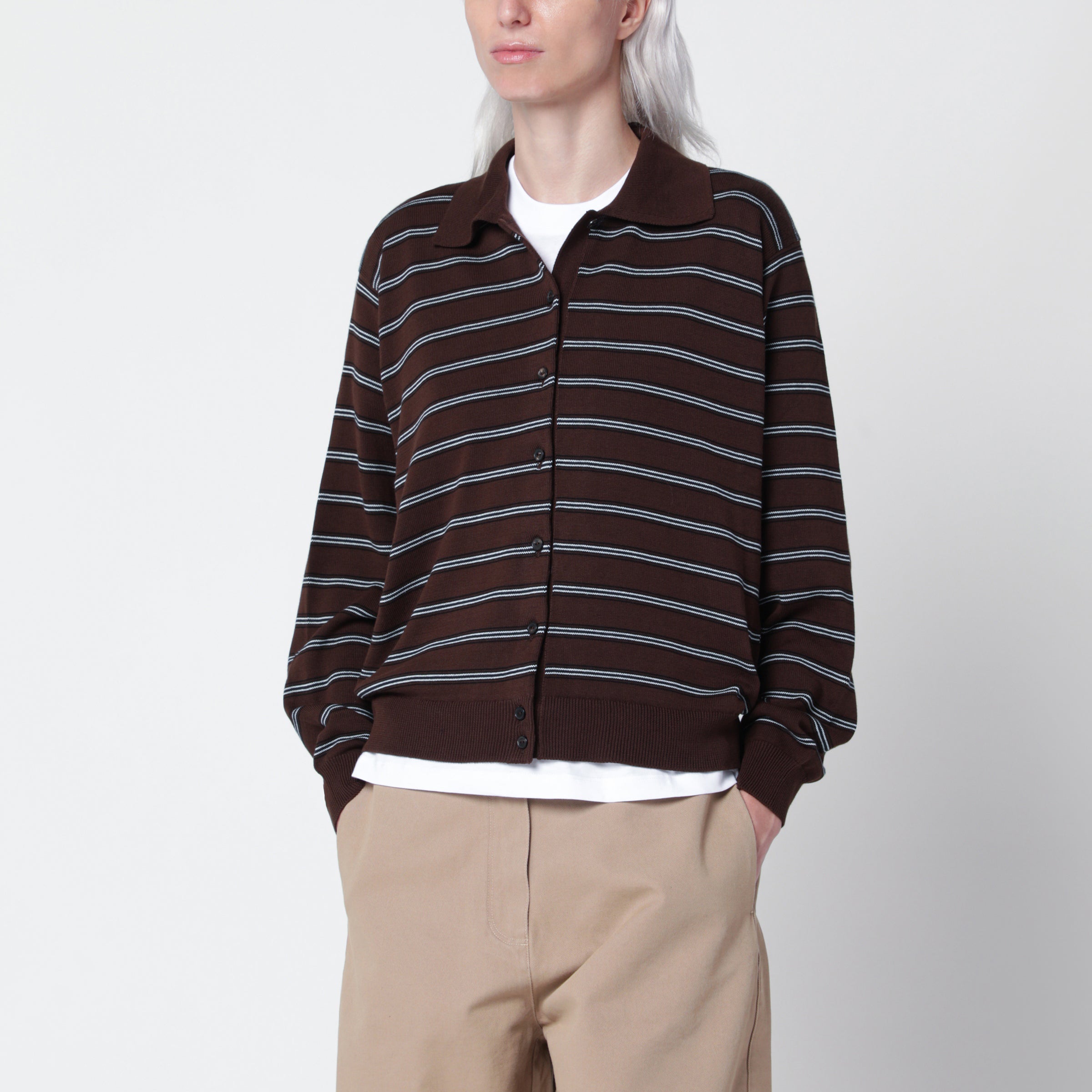 Brown Striped Cotton Polo Cardigan