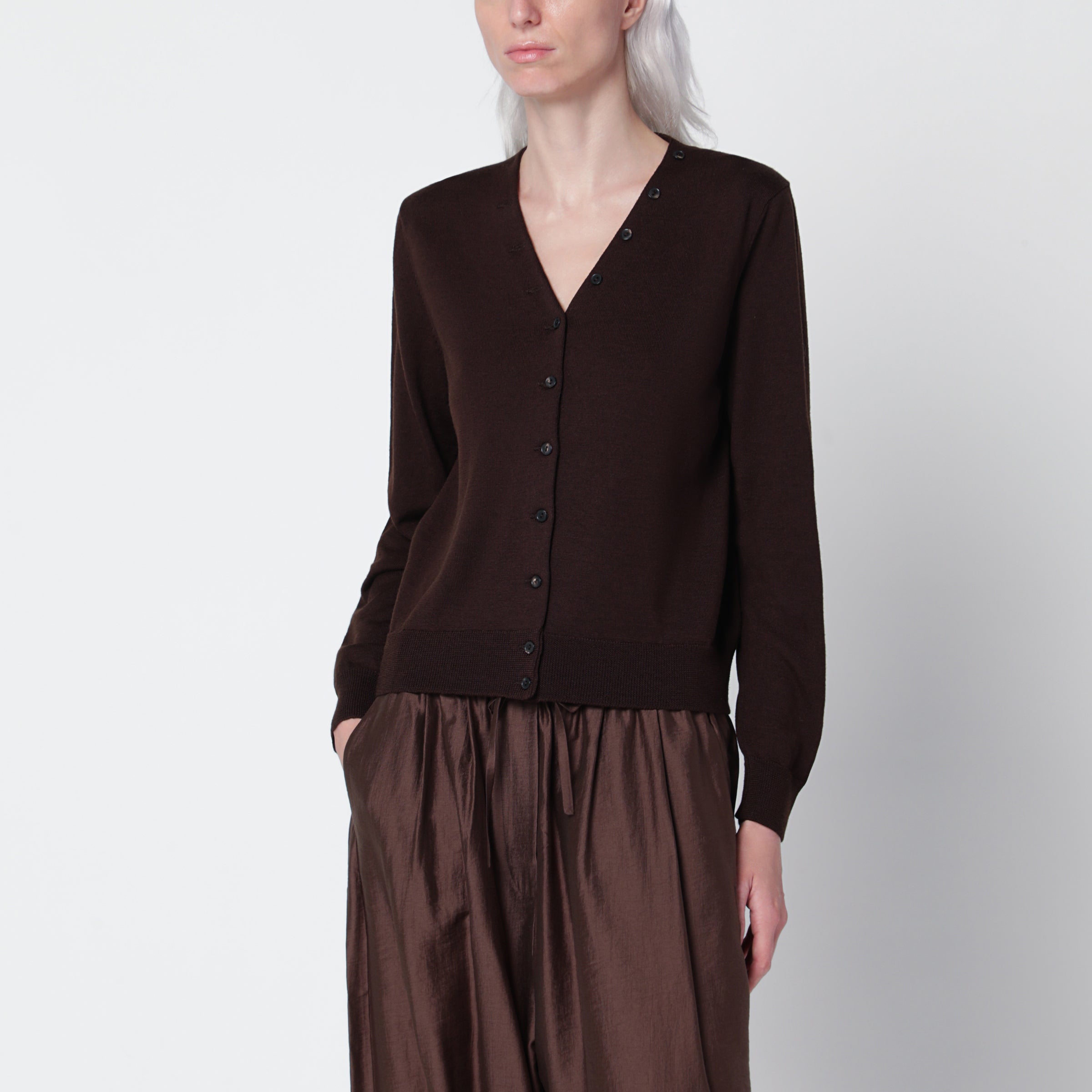 Brown Wool And Silk-Blend Cardigan