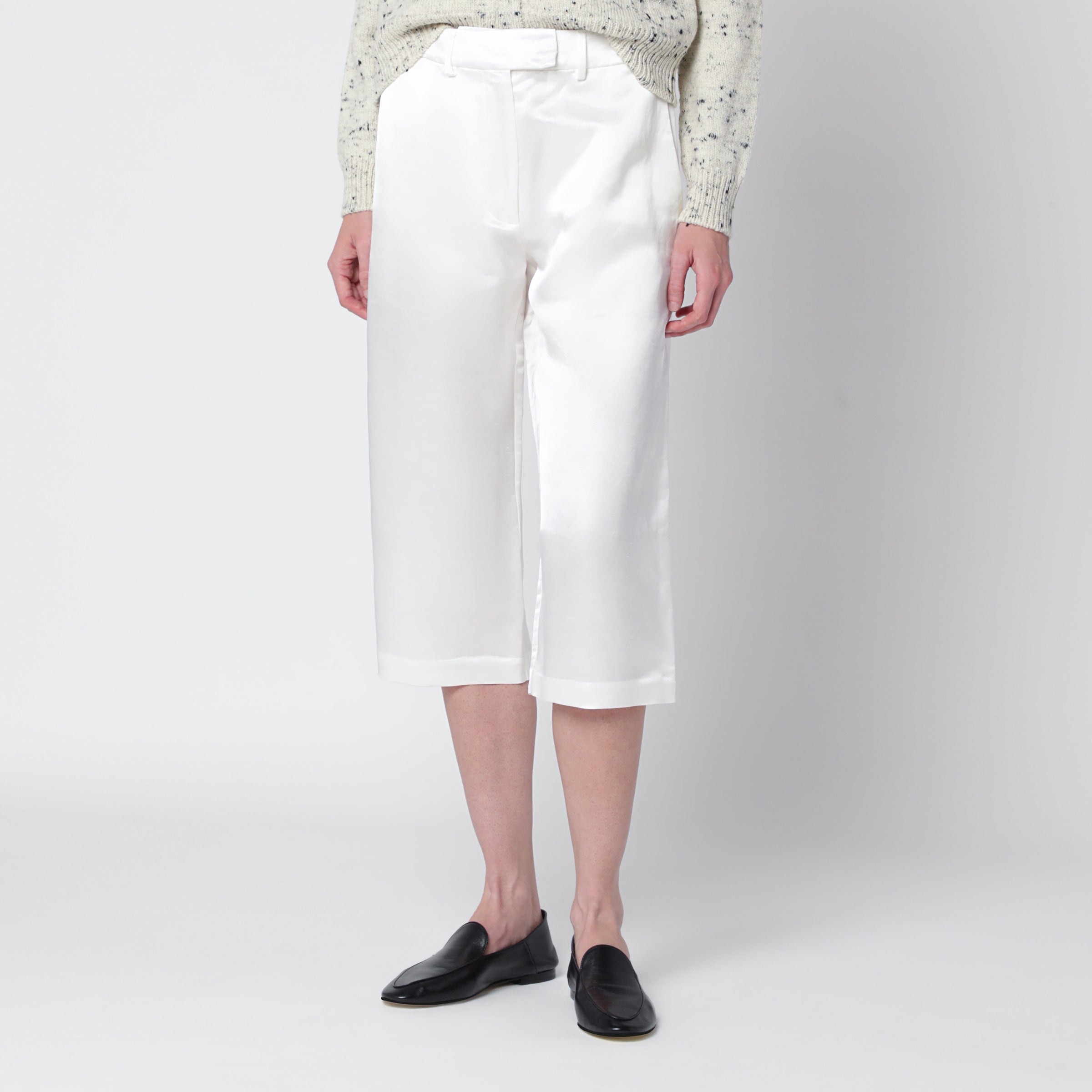 White Linen-Blend Satin Bermuda Shorts