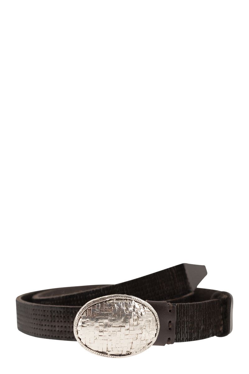 Embossed Leather Belt With Oval Buckle