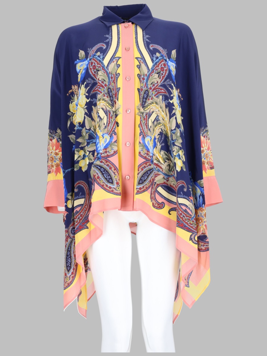 Etro Printed Silk Asymmetrical Button-front Tunic Blouse In Blue