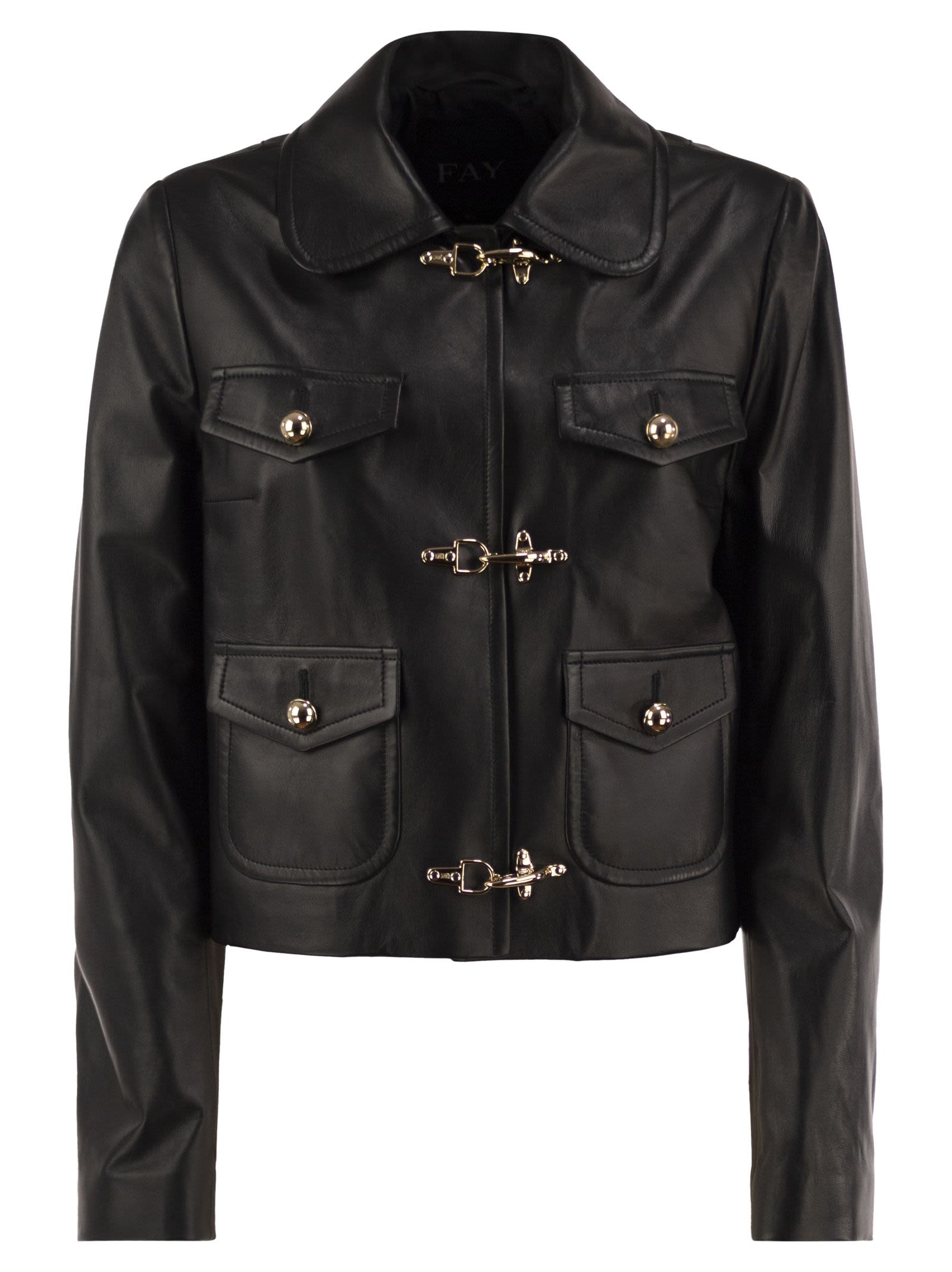 Fay Cropped Genuine Leather Jacket With Hooks In Black