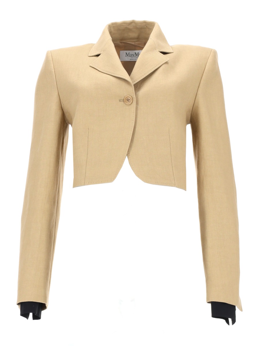 Max Mara -style Cropped Diagonal Linen Jacket In Beige