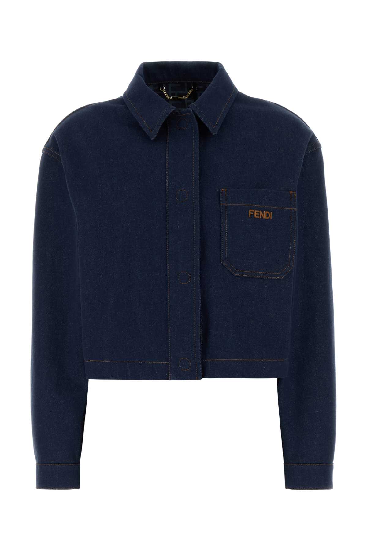 Fendi Denim Jacket With Front Embroidered Logo In Blue