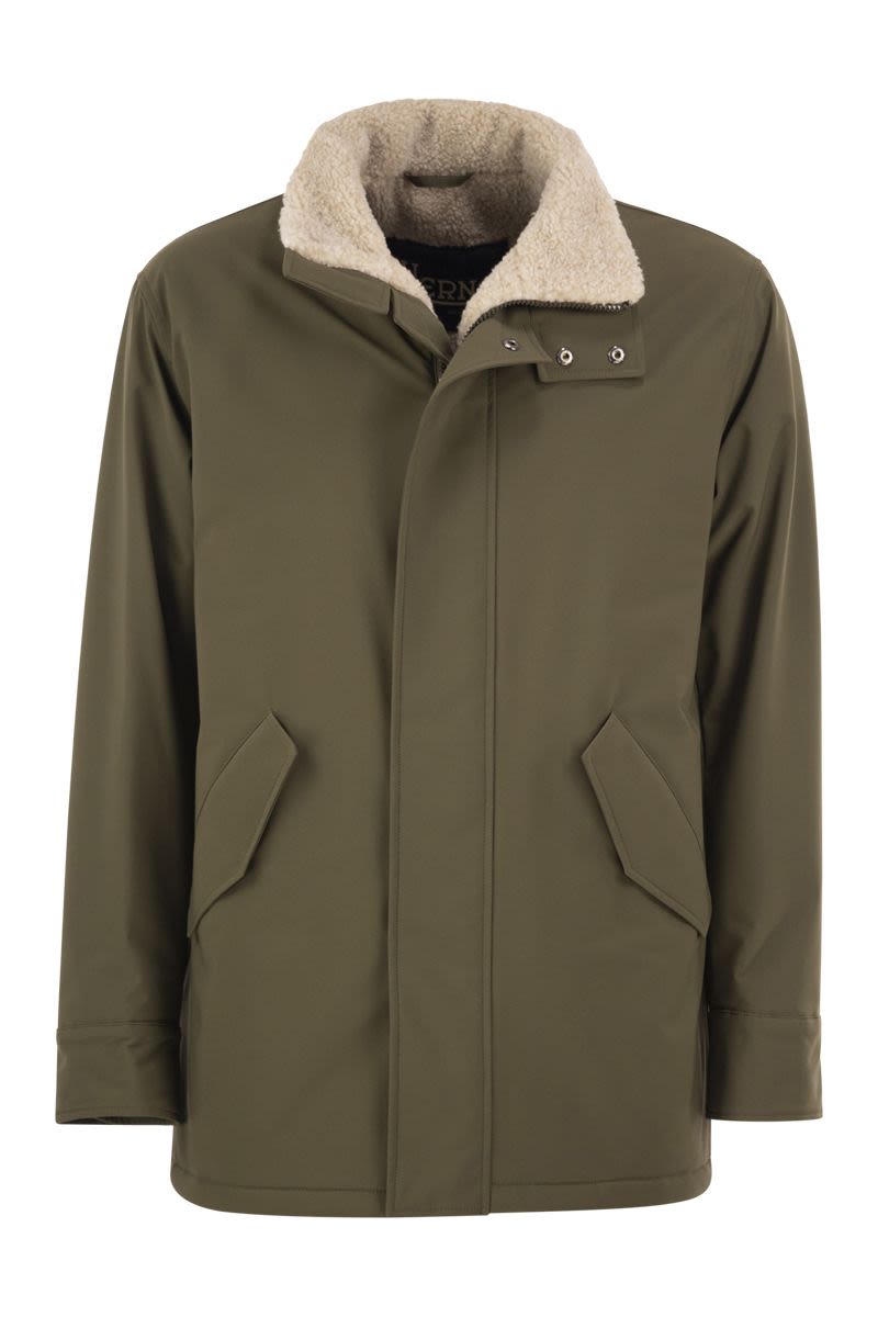 Herno Soft Shell Coat With Shearling-effect Lining In Green