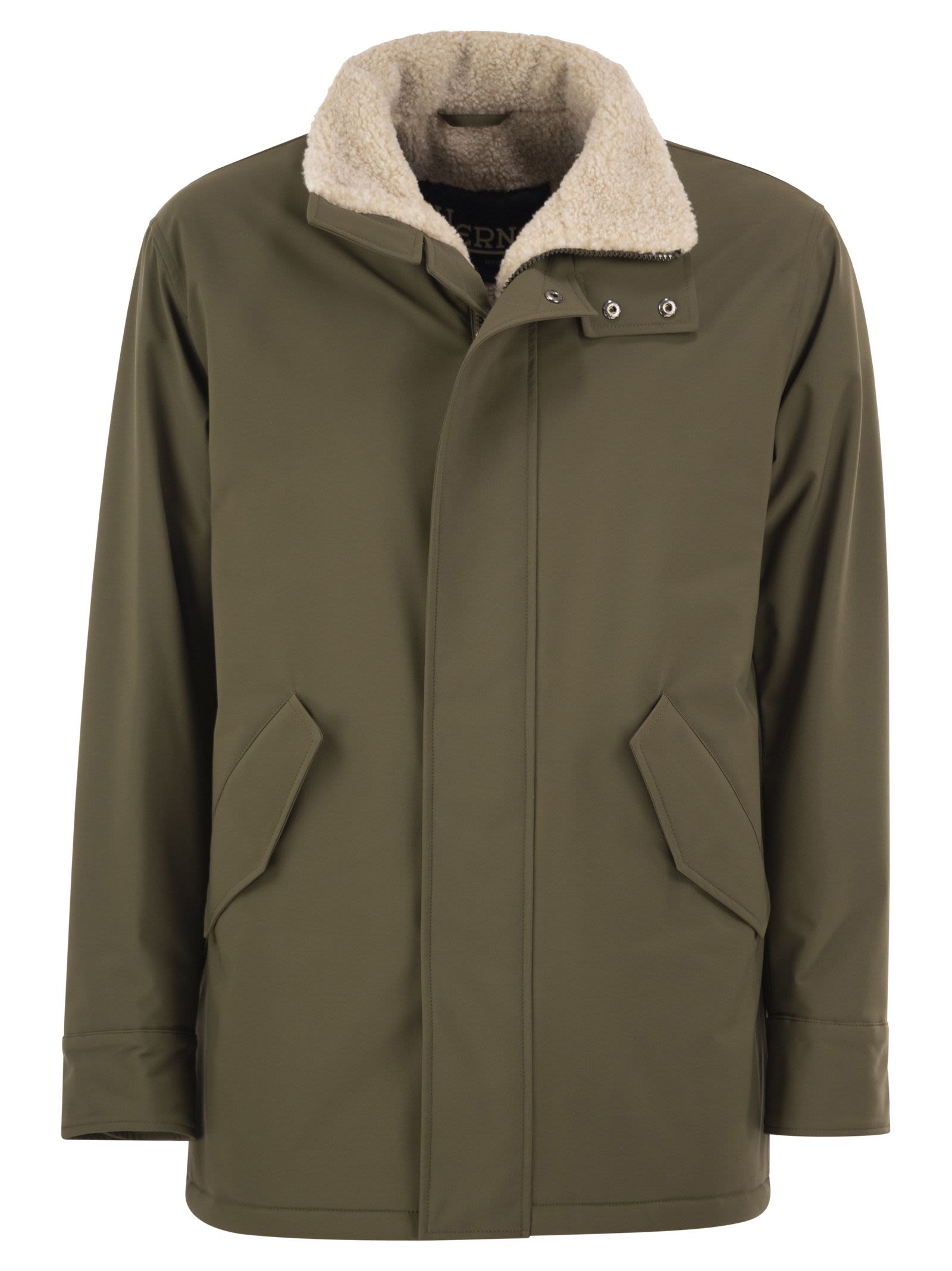 Herno Soft Shell Coat With Shearling-effect Lining In Gray