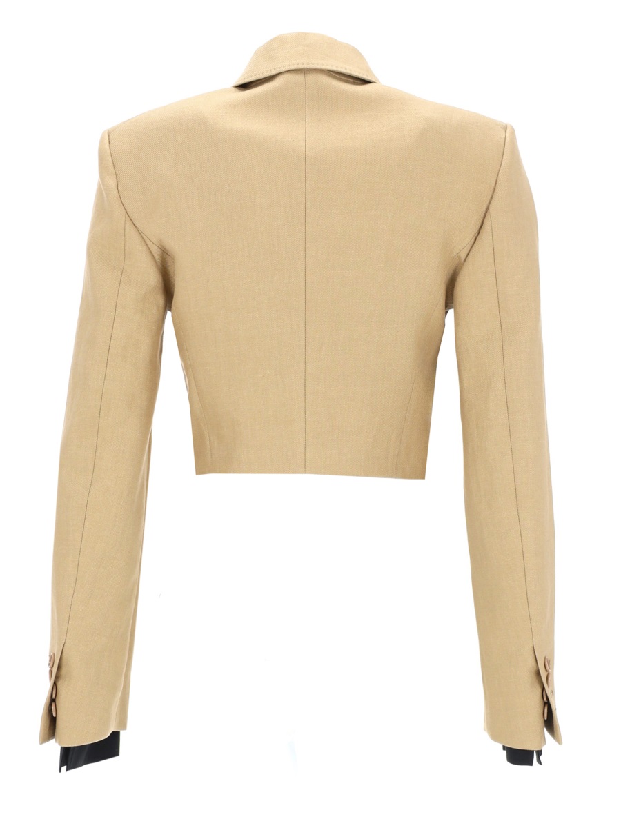 Max Mara -style Cropped Diagonal Linen Jacket In Beige