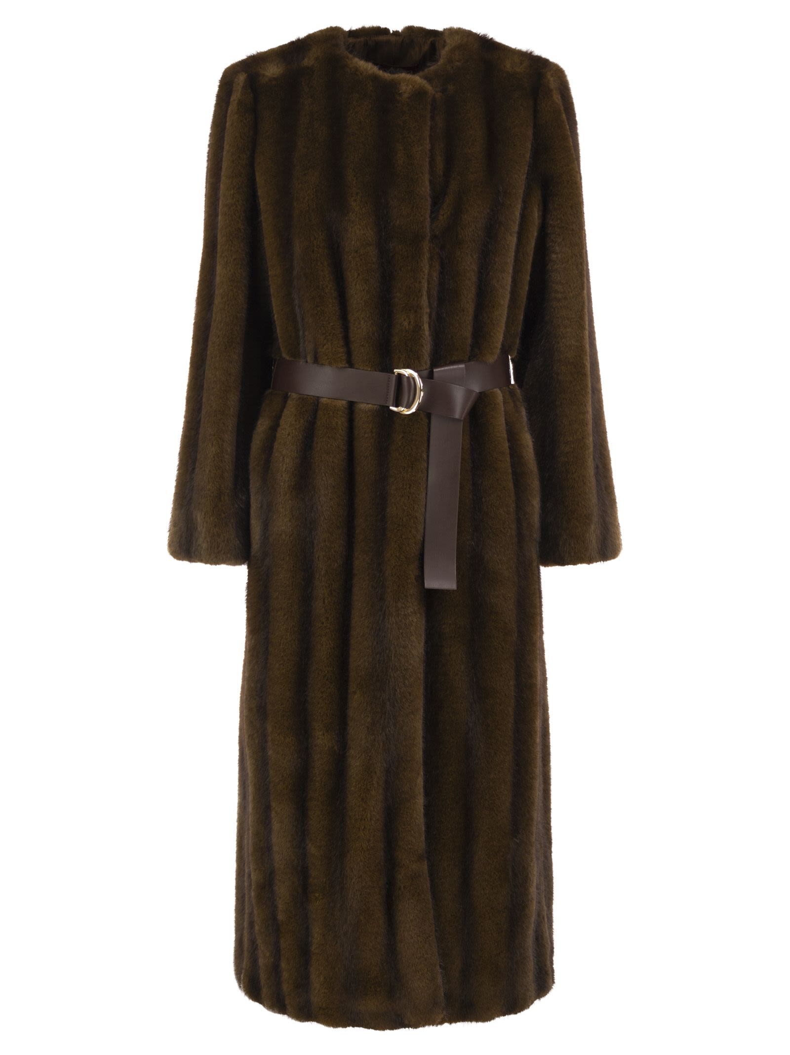 Red Wing Shoes Maxmara Studio Mstorma - Long Faux Fur Coat With Belt In Brown