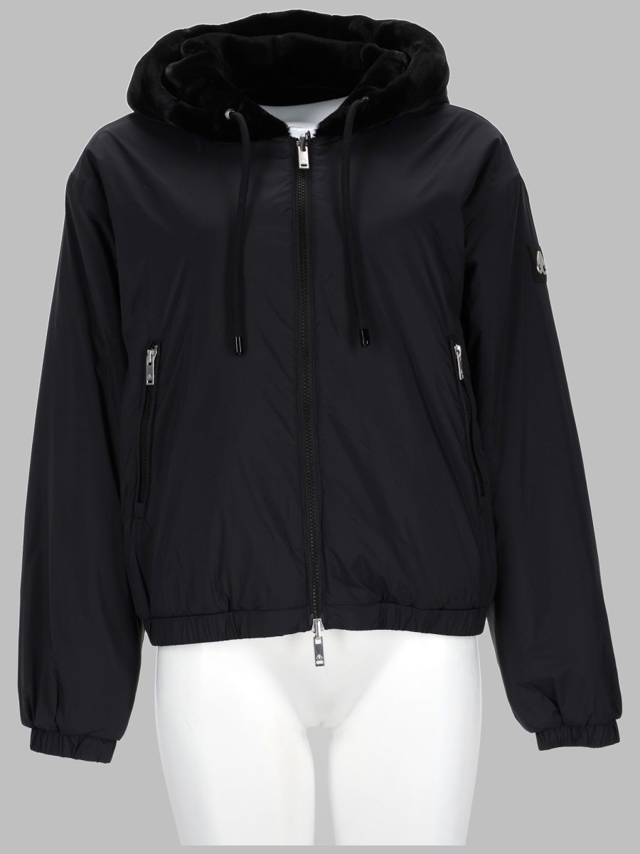 Moose Knuckles Cropped Black Faux Fur Jacket With Plush Hood And Zippered Pockets In Black