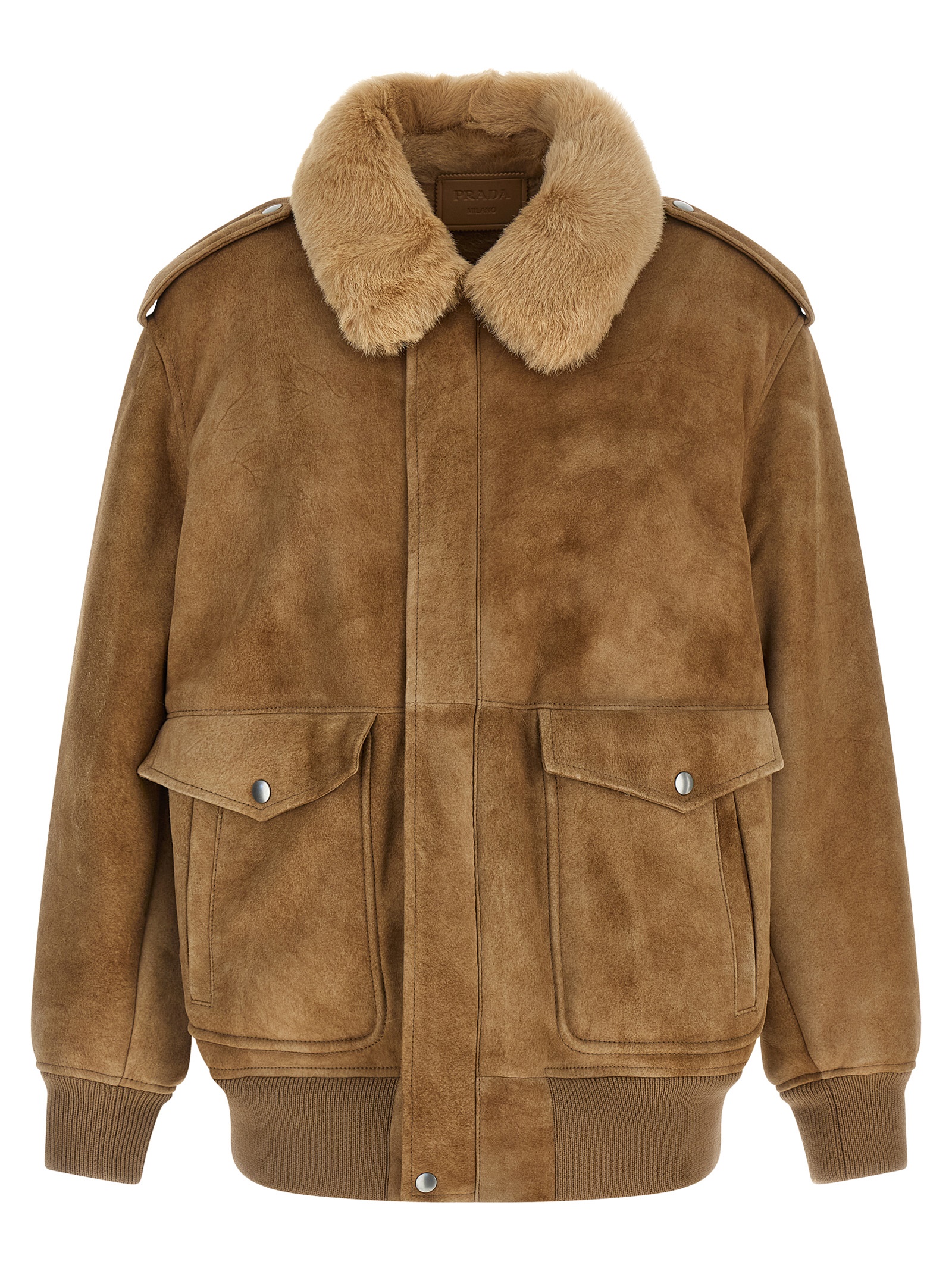 Prada Sheepskin Bomber Jacket In Beige