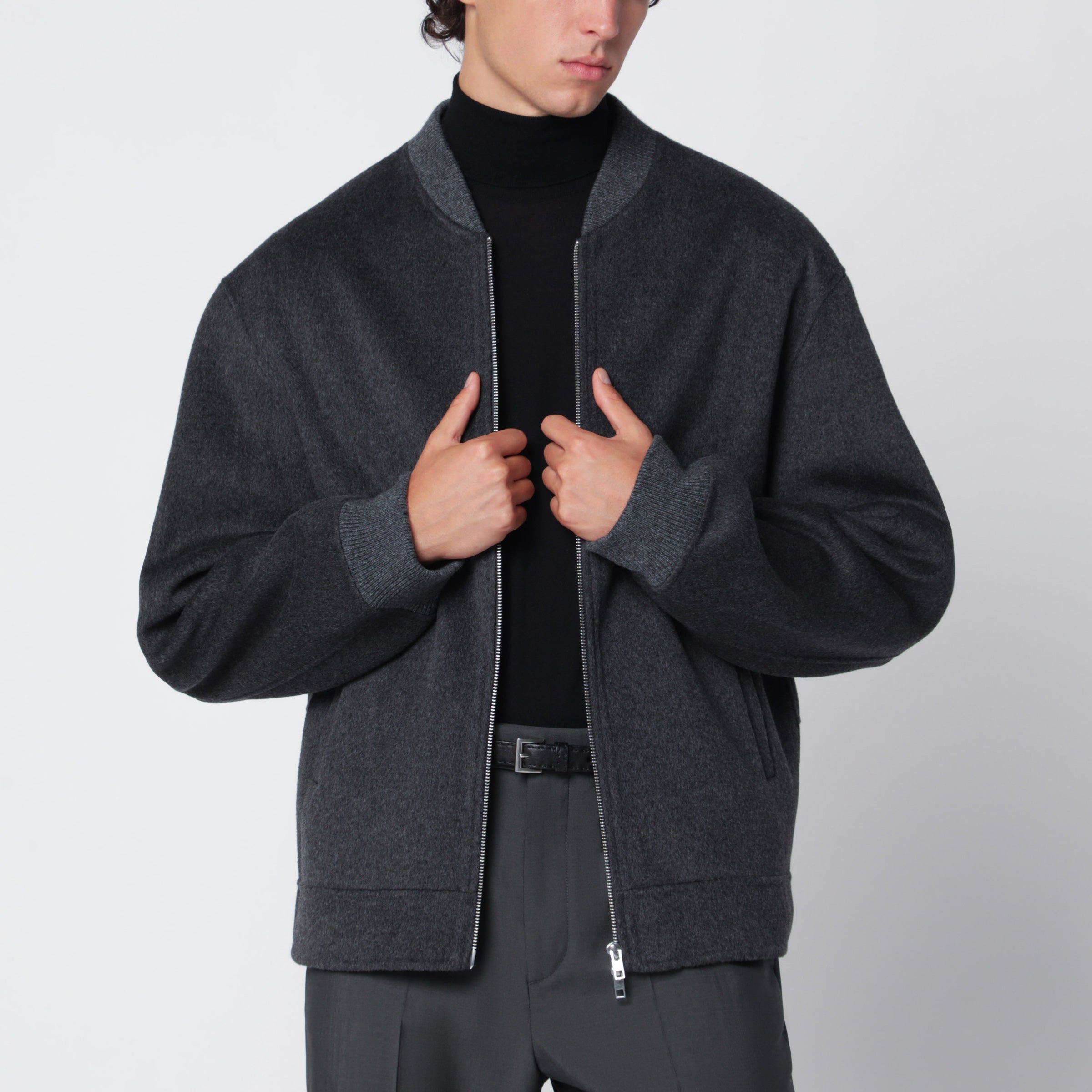 Dark Grey Wool And Cashmere Bomber Jacket