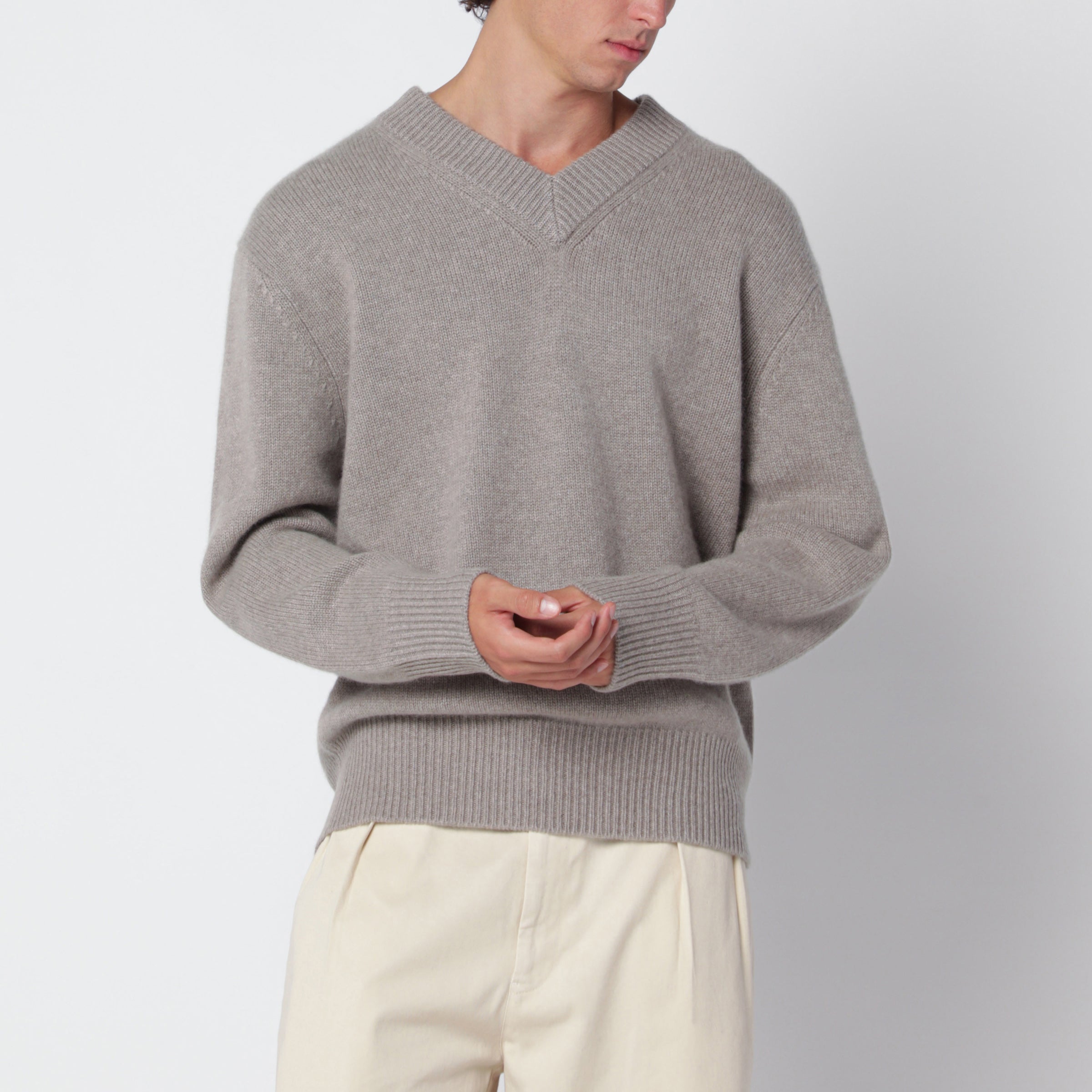 Greige Cashmere V-Neck Sweater