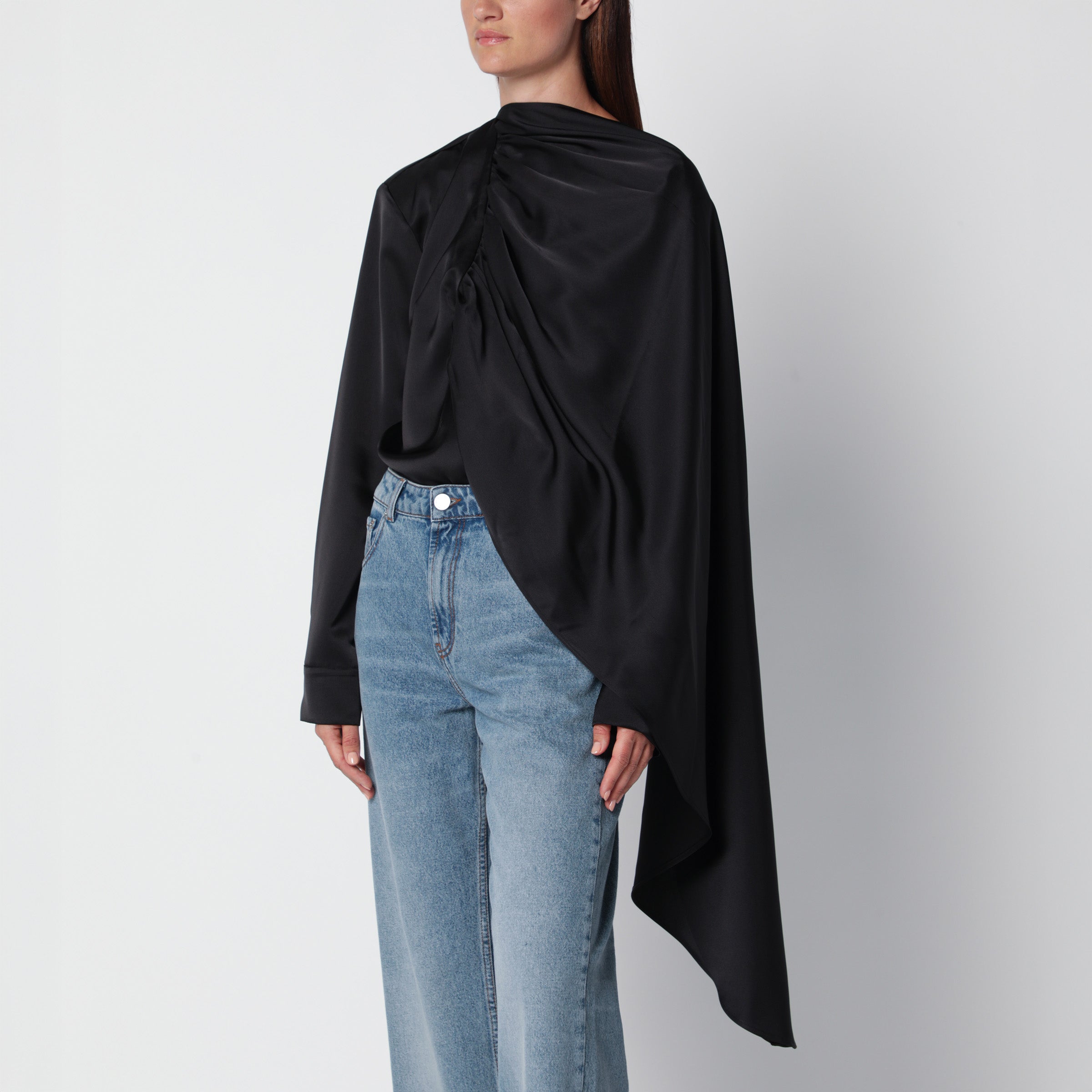 Source Unknown Black Koa Draped Satin Blouse