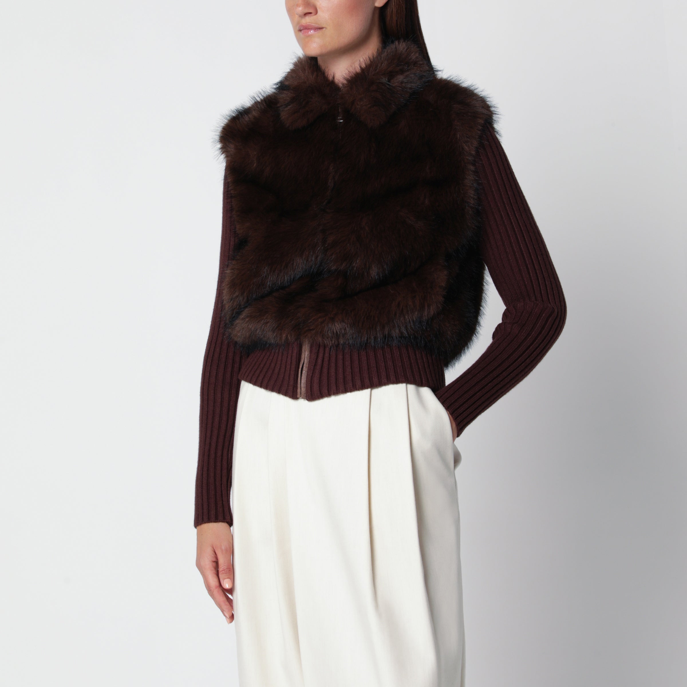 Source Unknown Brown Meti Cardigan With Faux-fur Insert