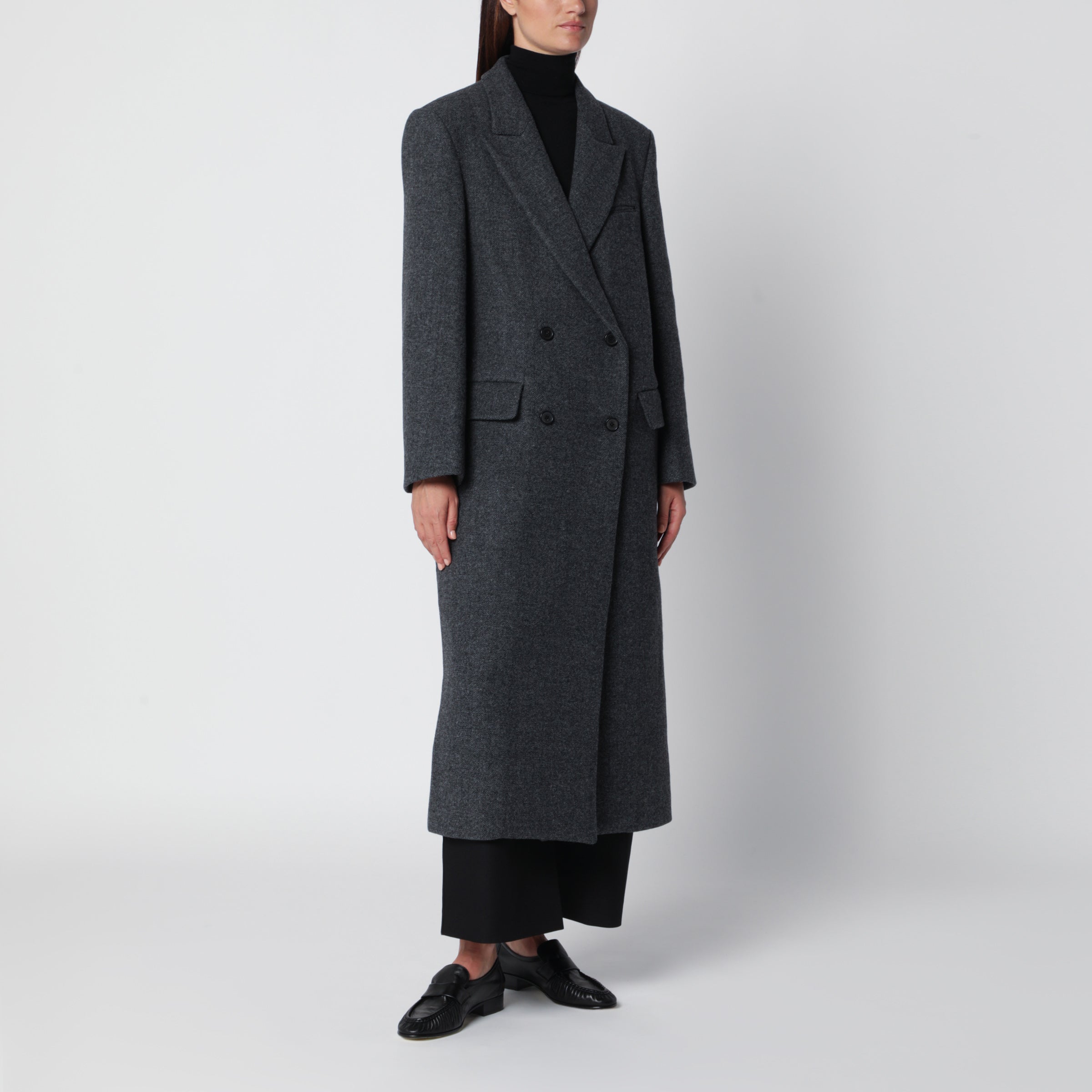 Source Unknown Dark Grey Reyna Double-breasted Herringbone Coat