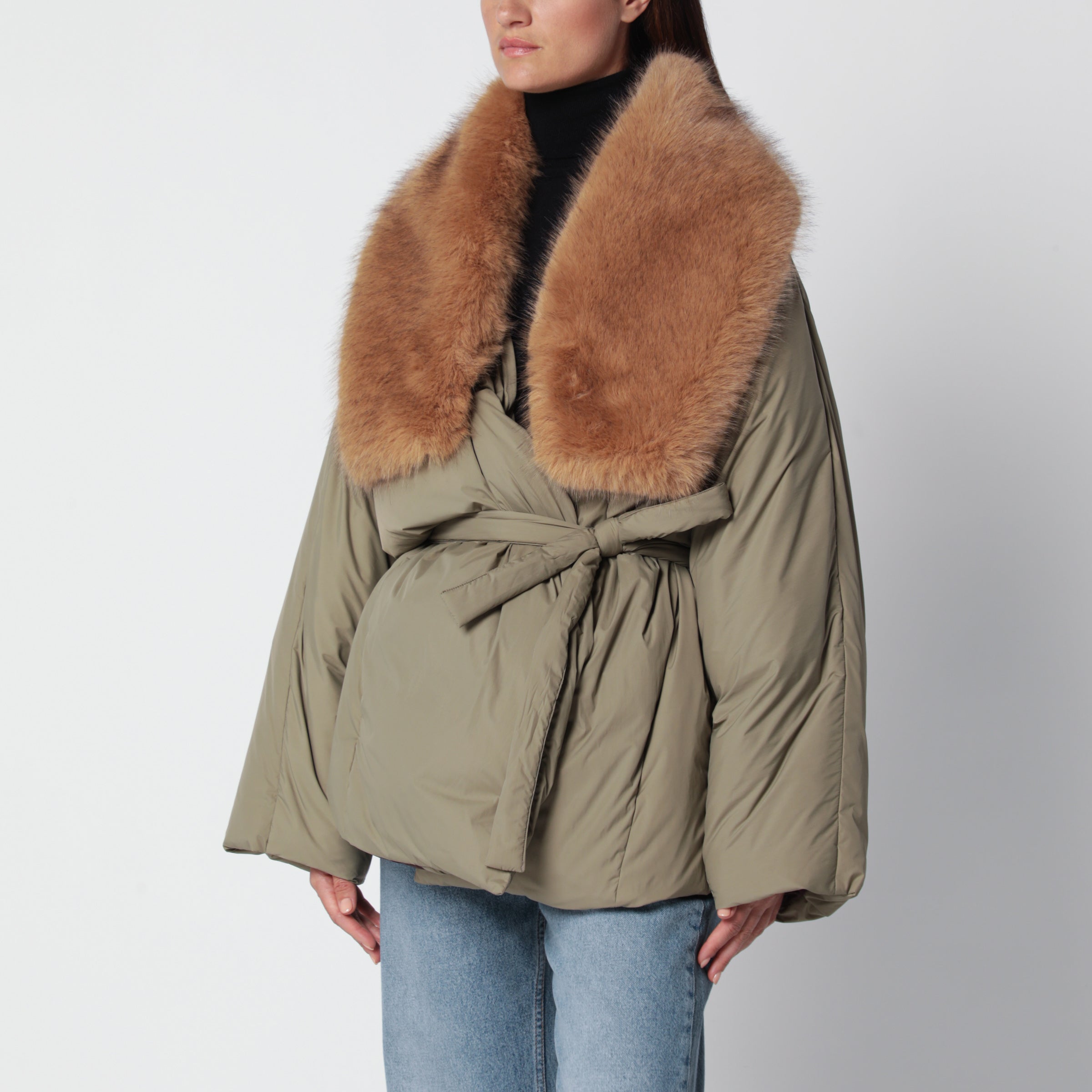 Source Unknown Egizio Khaki Puffer Jacket With Faux Fur Collar In Green