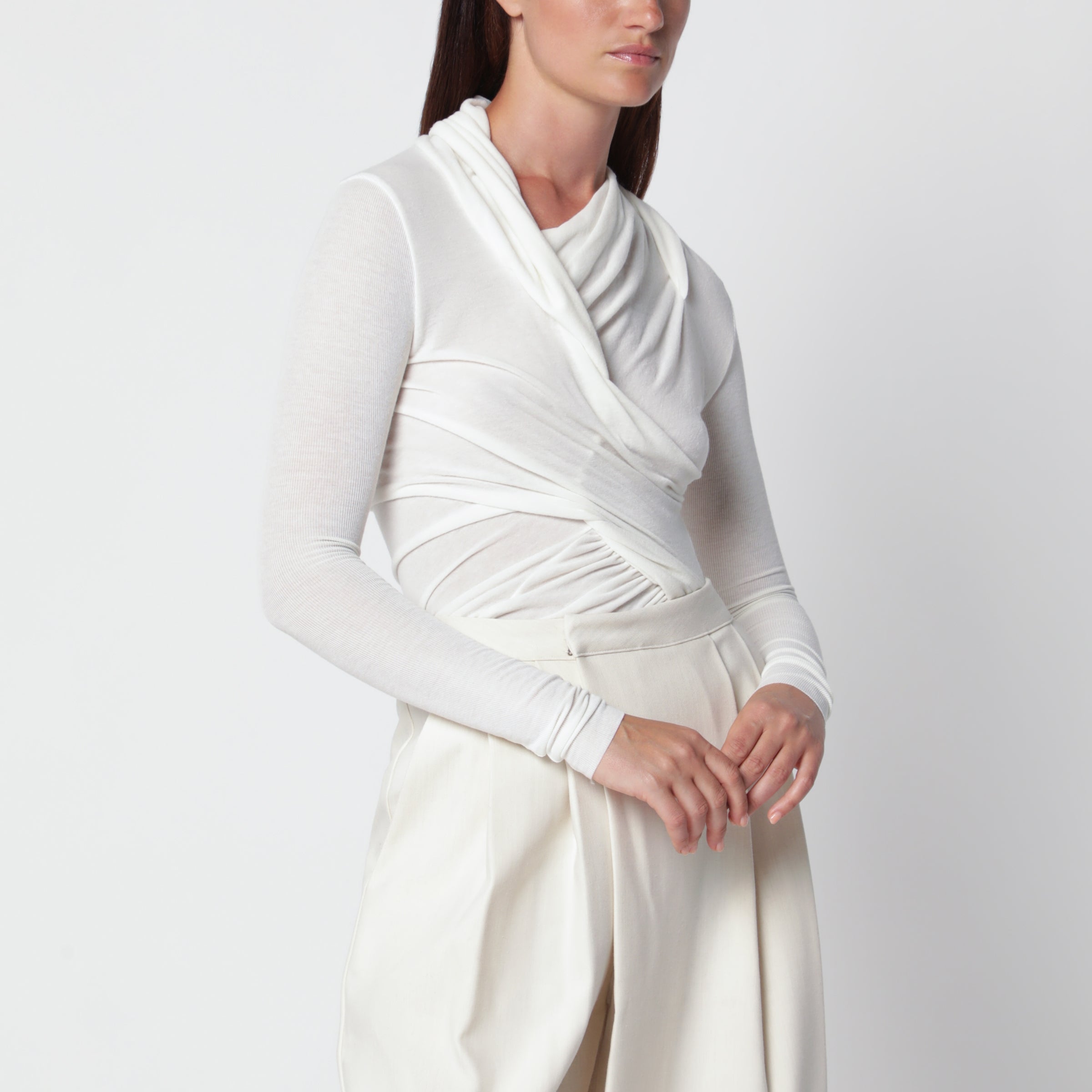 Source Unknown Ivory Draped Jersey Top In White