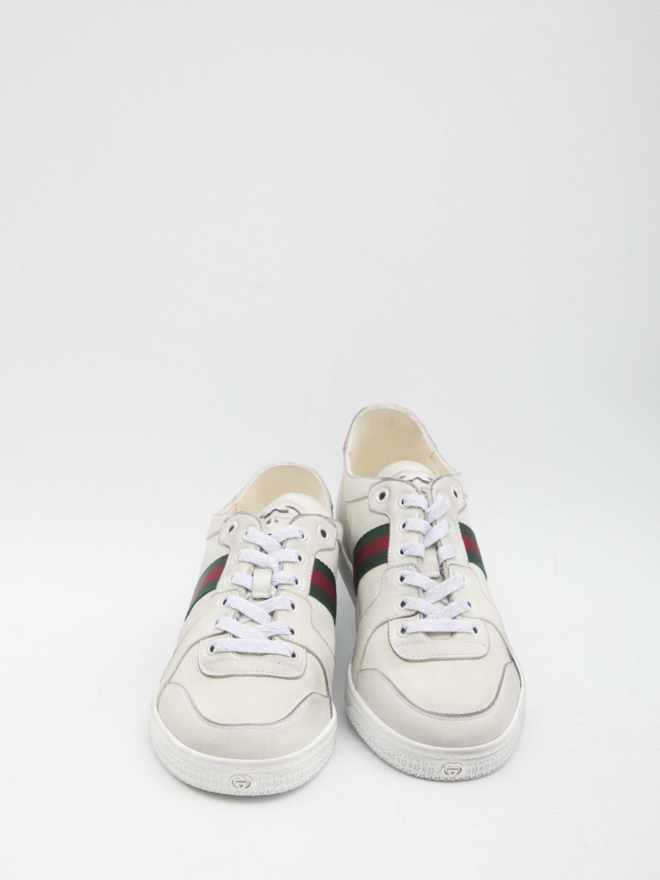 Gucci Leather Stretch Lace Up Sneakers Signature Stripe In White