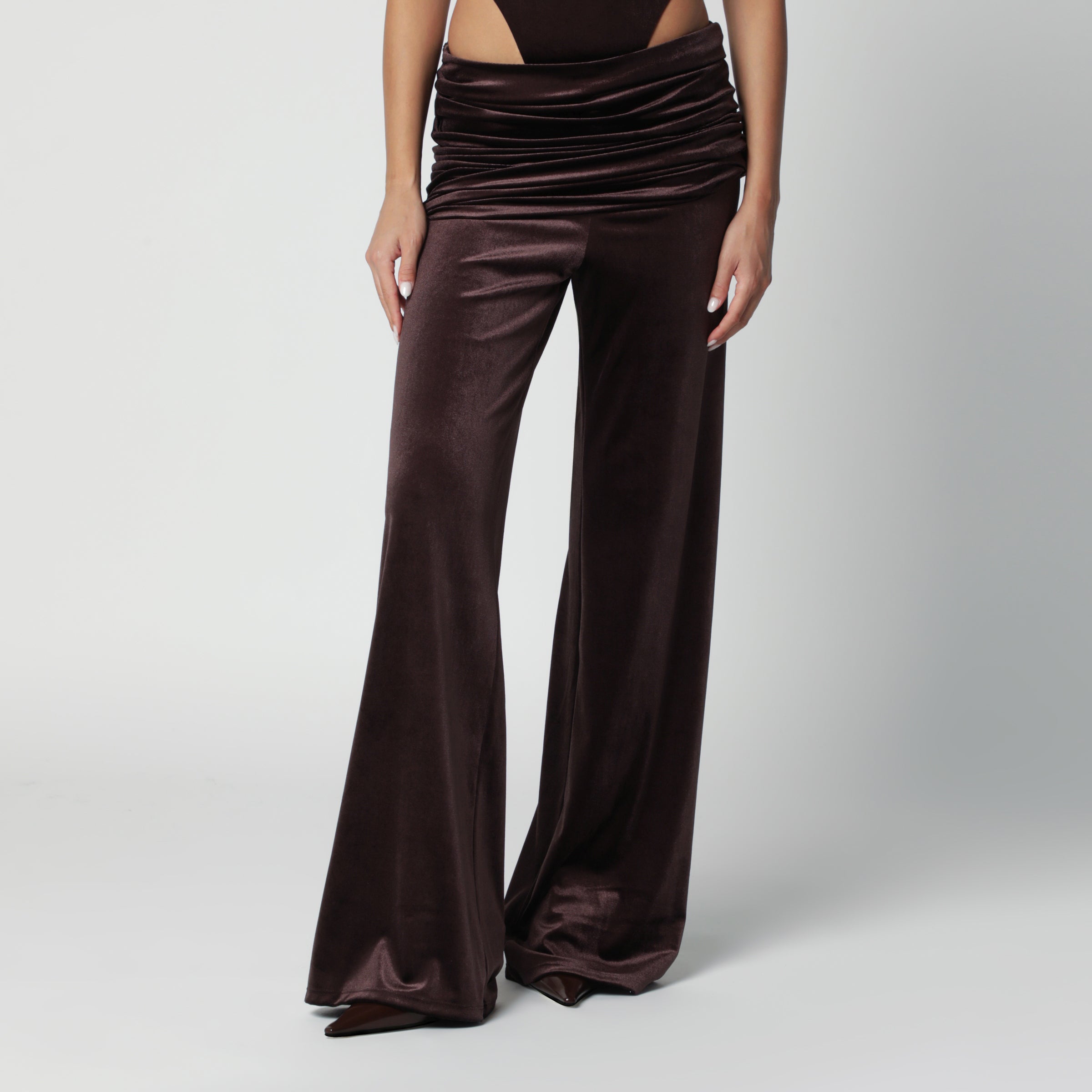Brown Velvet-Effect Trousers With Draped Waistband