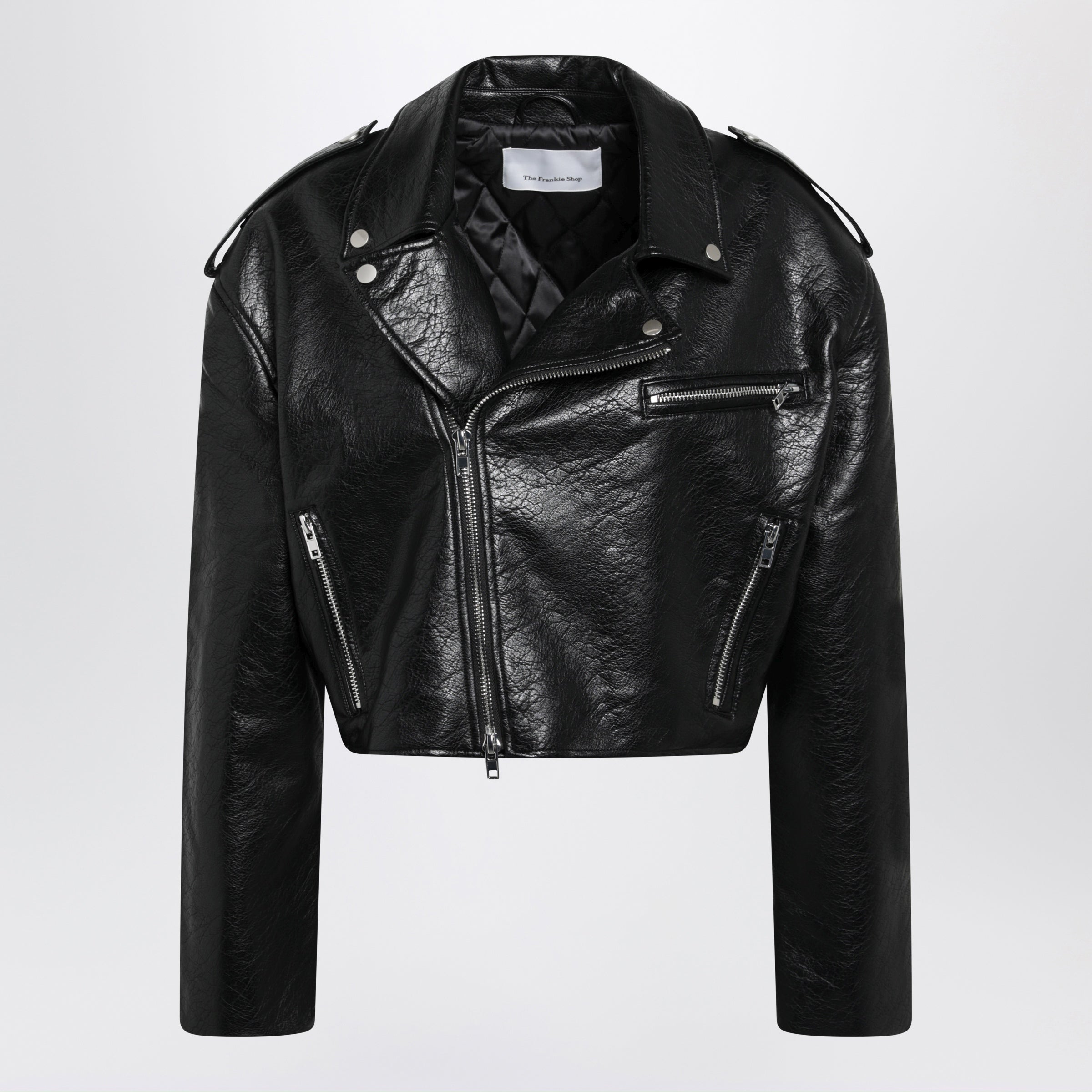 Black Cropped Biker Jacket In Faux Leather