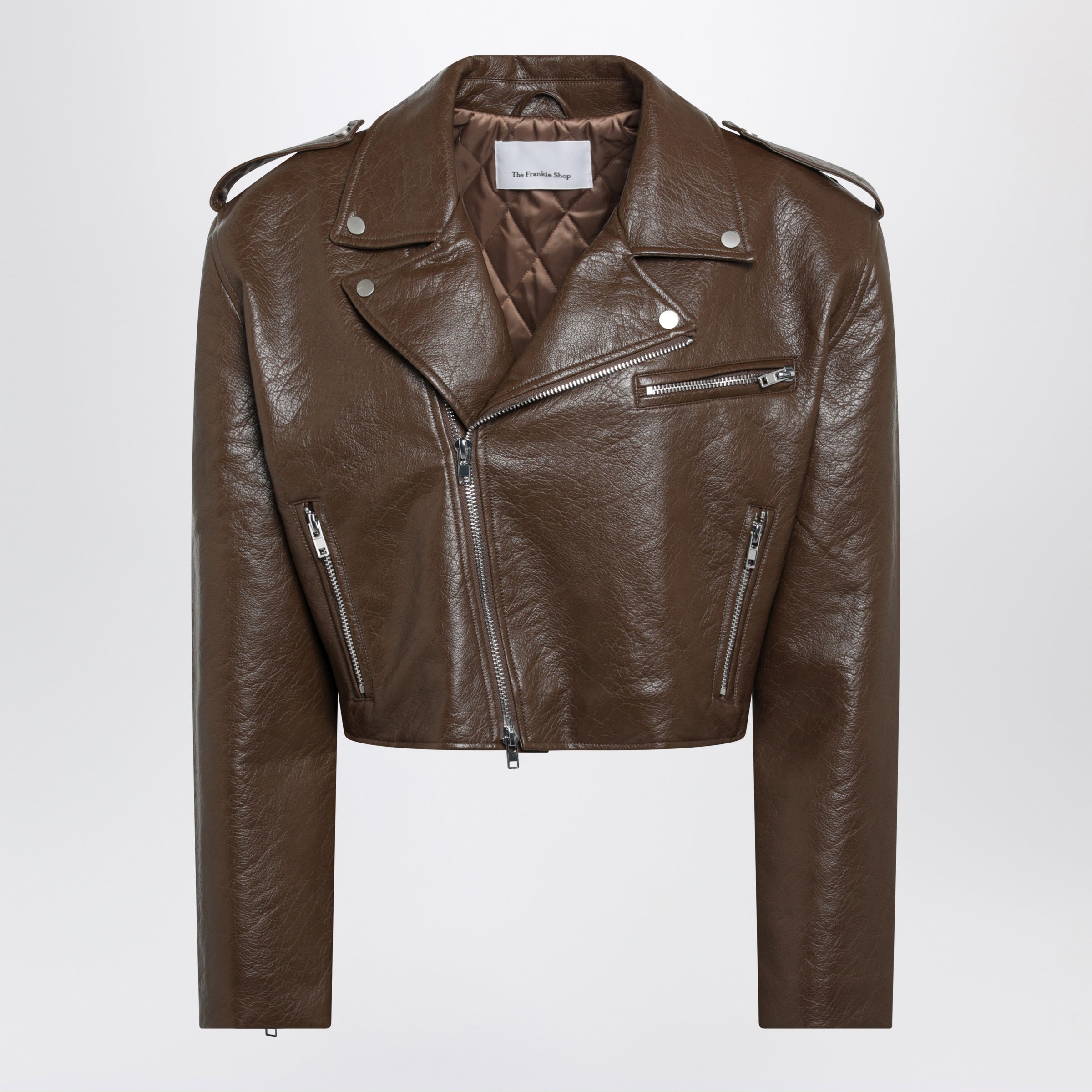 Cropped Brown Biker Jacket In Faux Leather