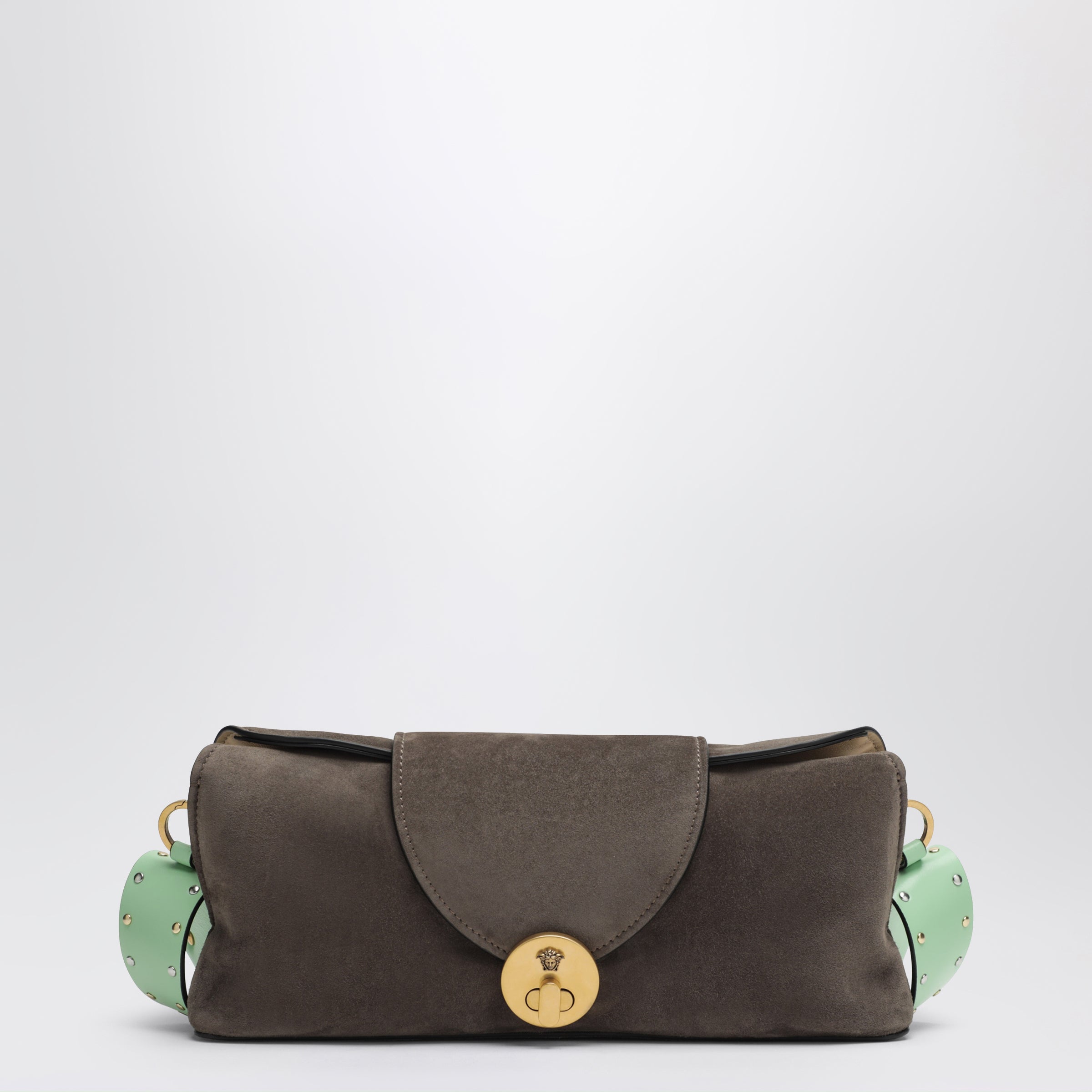 Versace Vivian Pouch In Taupe/mint Suede In Brown