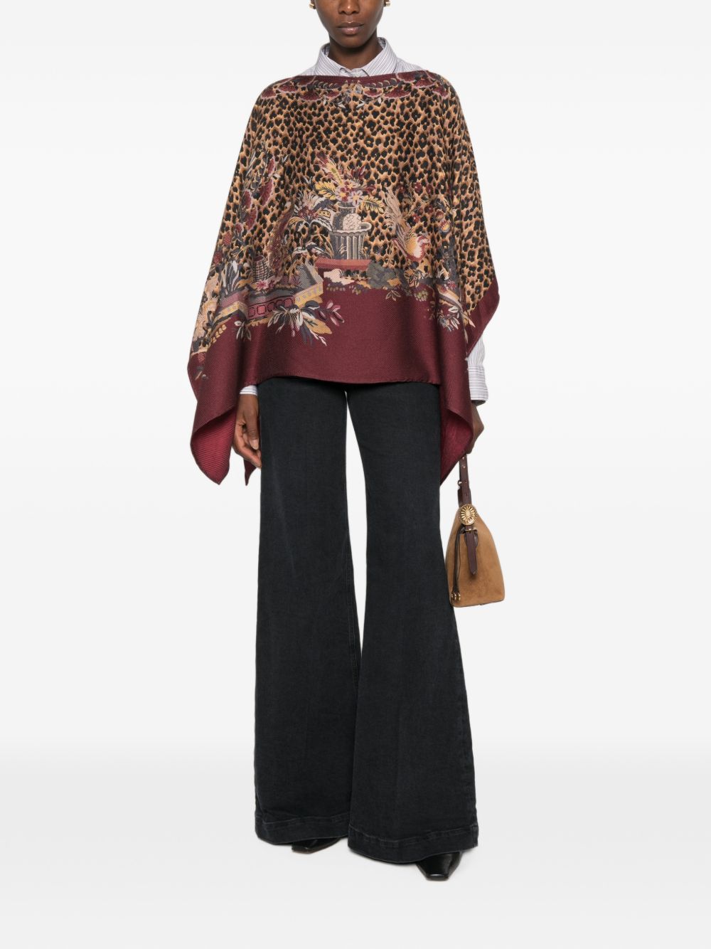 Etro Poncho With Leopard Print And Floral Pattern In Brown